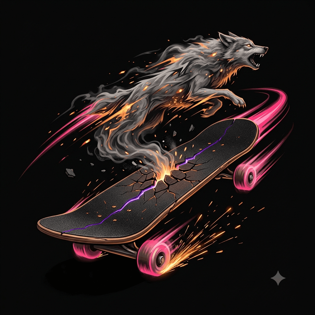 Lobo espiritual de fuego sobre una patineta en llamas, emblema de La Aldea Skate